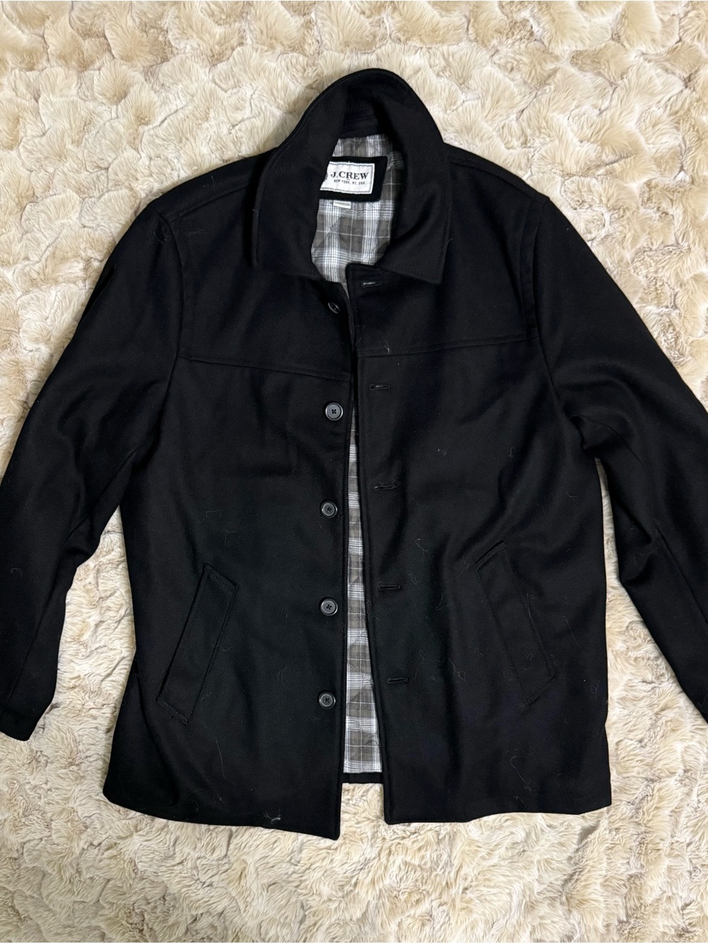 Vintage J. Crew Black Wool Blend Men's Pea Coat with Plaid Liner